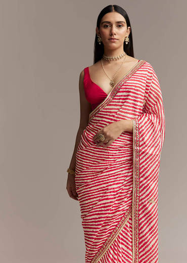 Off White And Red Striped Chinnon Saree With Gota Work