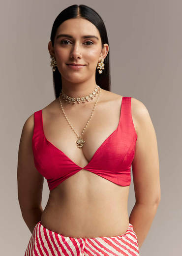 Off White And Red Striped Chinnon Saree With Gota Work