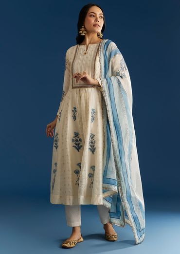 Off White Block Print Anarkali With Zardosi Yoke And Block Print Dupatta