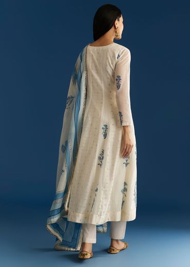 Off White Block Print Anarkali With Zardosi Yoke And Block Print Dupatta