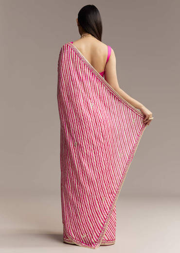 Off White Chinnon Saree With Pink Striped Print And Gota Detailing