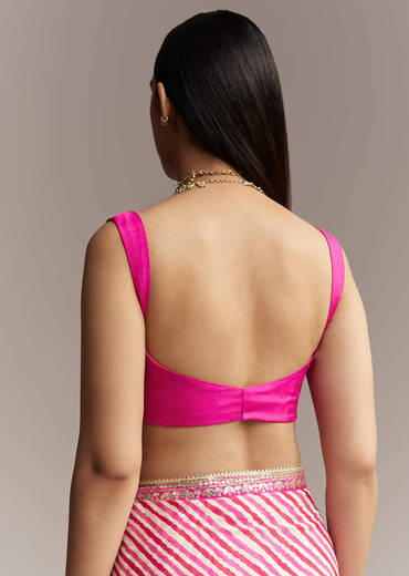 Off White Chinnon Saree With Pink Striped Print And Gota Detailing