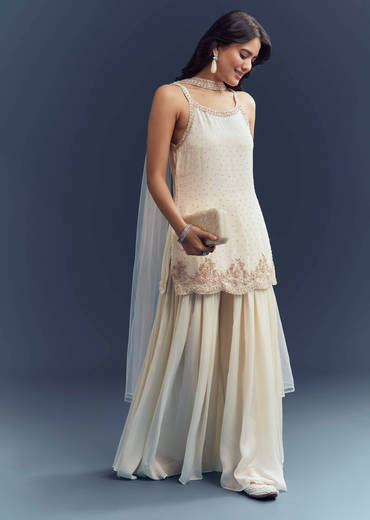 Off-White Chinon Palazzo Suit With Intricate Sequins Work