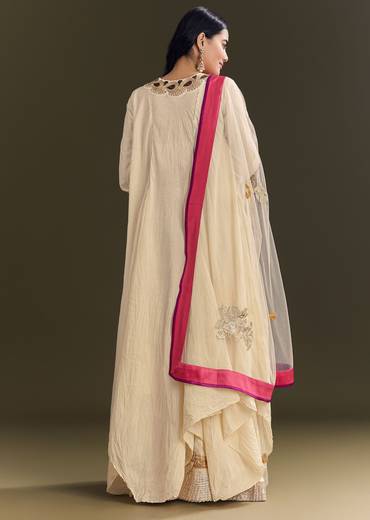 Off White Cora Cotton Asymmetrical Kurta Palazzo With Net Dupatta