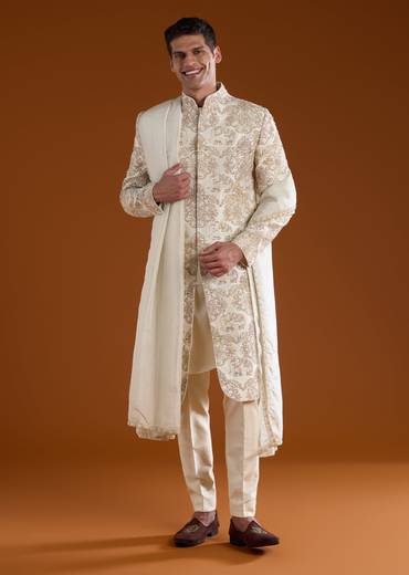 Off White Embroidered Silk Sherwani Kurta Set with Dupatta