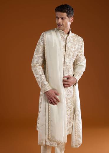 Off White Embroidered Silk Sherwani Kurta Set with Dupatta