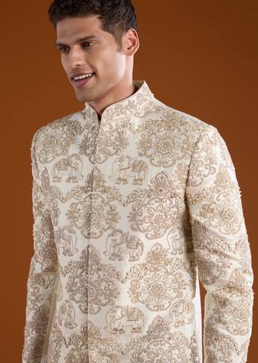 Off White Embroidered Silk Sherwani Kurta Set with Dupatta