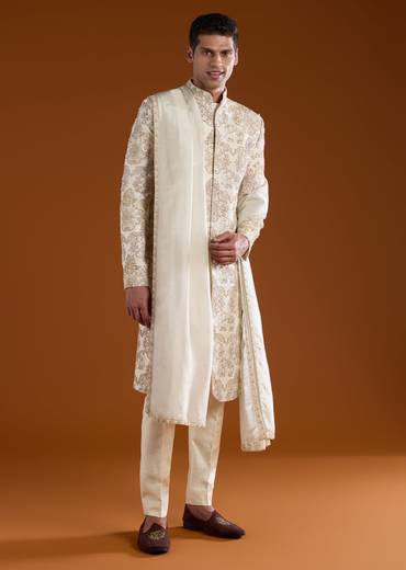 Off White Embroidered Silk Sherwani Kurta Set with Dupatta