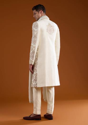 Off White Embroidered Silk Sherwani Kurta Set with Dupatta