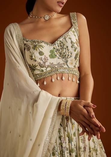 Off White Floral Printed Lehenga Choli With Butti Work Dupatta