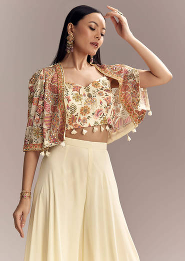 Off White Georgette Crop Top And Palazzo Set With Embroidered Cape
