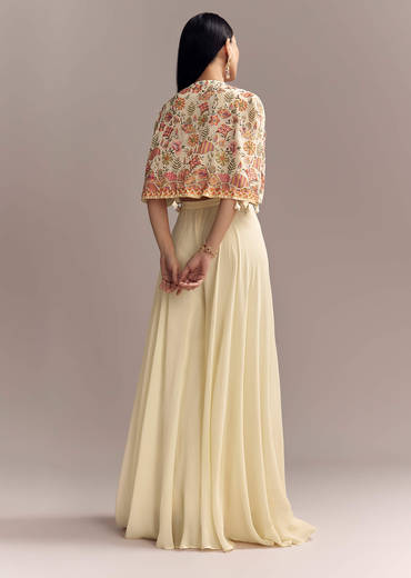 Off White Georgette Crop Top And Palazzo Set With Embroidered Cape