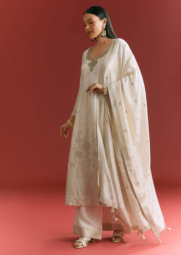 Off White Jaquard Silk Anarkali Suit With Dupatta