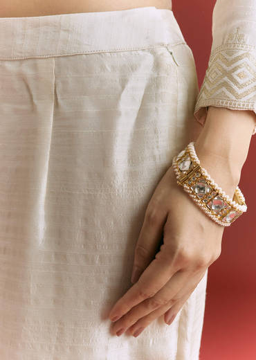 Off White Jaquard Silk Anarkali Suit With Dupatta