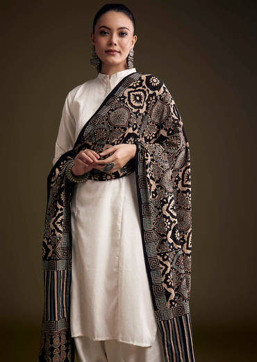 Off White Khadi Dhoti Suit With Black Hand Dyed Ajrakh Dupatta