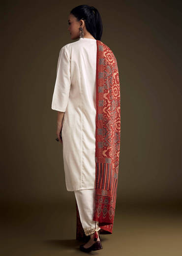 Off White Khadi Dhoti Suit With Red Hand Dyed Ajrakh Dupatta