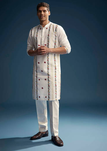 Off White Linen Kurta Set For Men With Resham Aari Embroidery
