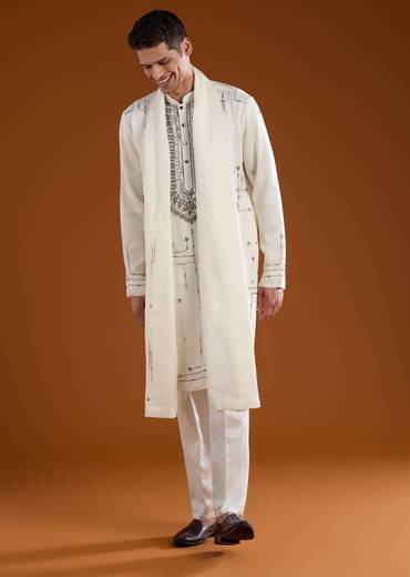 Off White Linen Mens Kurta Set with Dupatta