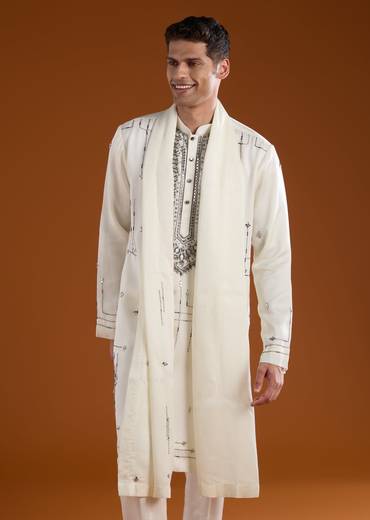 Off White Linen Mens Kurta Set with Dupatta