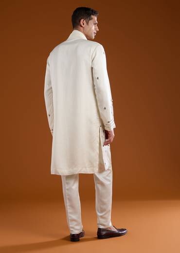 Off White Linen Mens Kurta Set with Dupatta