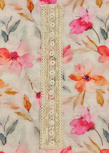 Off White Linen Unstitched Suit Set With Floral Print And Lace Detailing