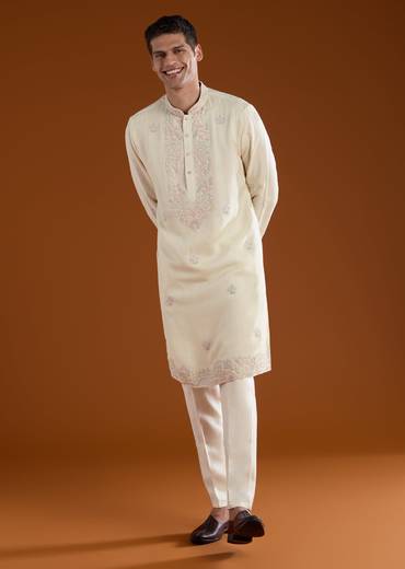 Off White Resham Work Mens Kurta Pant Set