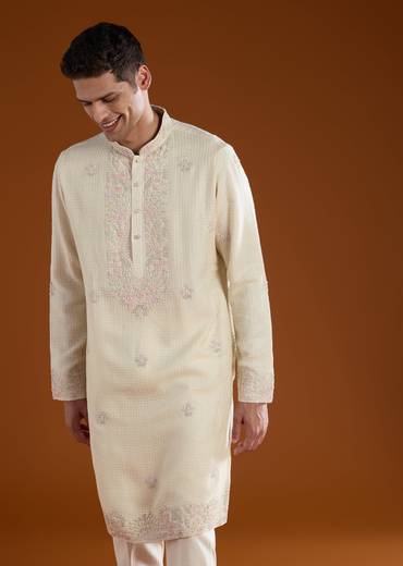 Off White Resham Work Mens Kurta Pant Set