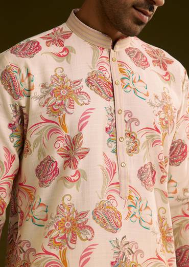 Off White Silk Kurta Set With Warm Coloured Nature Motifs