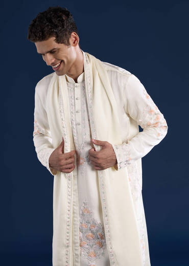 Off White Silk Linen Blend Mens Kurta Set with Dupatta