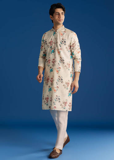 Off White Silk Linen Printed Kurta Set With Threadwork