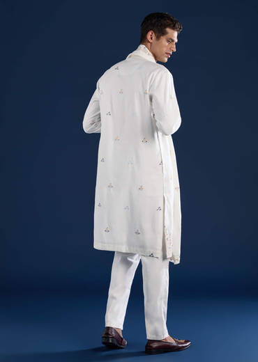 Off White Silk Mens Kurta Set with Dupatta