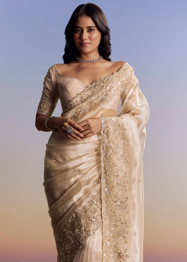 Off White Tissue Saree With Cutdana Floral Embroidery
