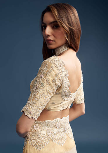 Off White Tissue Silk Saree With Golden Embroidery