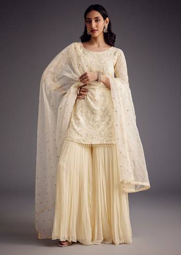 Off White Embroidered Sharara Set With Organza Dupatta