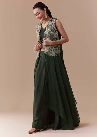 Olive Crop Top Silk Skirt Set with Sequin Jacket