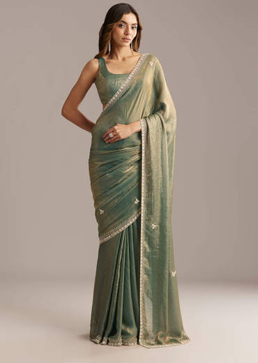 Olive Green Chinon Saree With Velvet Touch And Sequin Work
