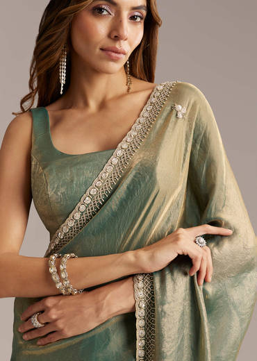 Olive Green Chinon Saree With Velvet Touch And Sequin Work
