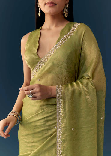 Olive Green Jacquard Printed Tissue Saree with Unstitched Blouse