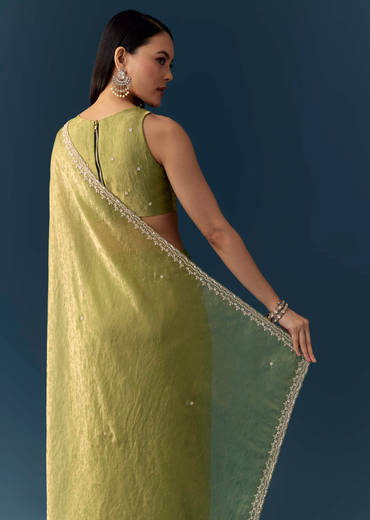 Olive Green Jacquard Printed Tissue Saree with Unstitched Blouse