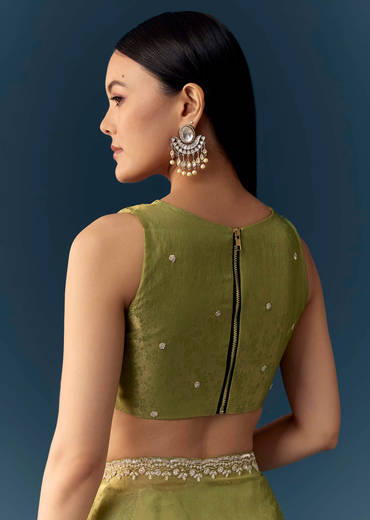Olive Green Jacquard Printed Tissue Saree with Unstitched Blouse