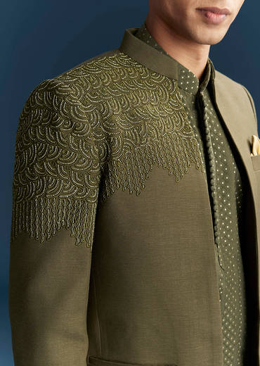 Olive Green Jodhpuri Suit For Men With Resham And Beads Embroidery
