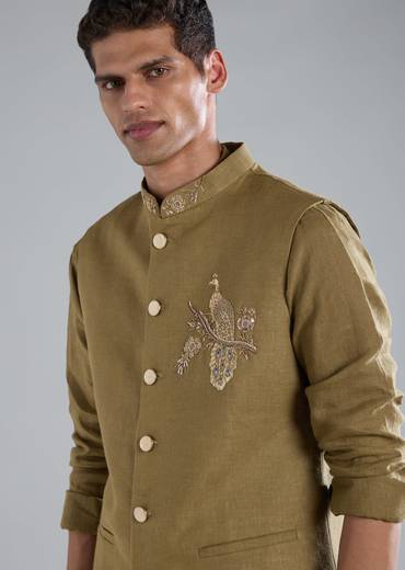 Olive Green Linen Kurta Jacket Set With Zardosi Hand Work