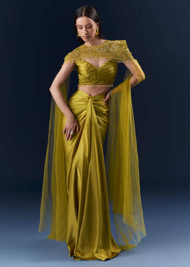 Olive Green Satin Crop Top And Drape Skirt Set With Embroidery