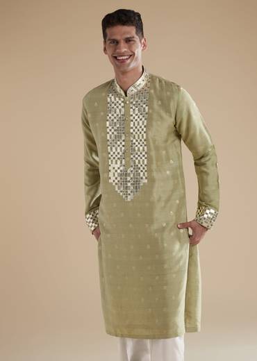 Olive Green Silk Kurta Set With Leather Metal Bead Work