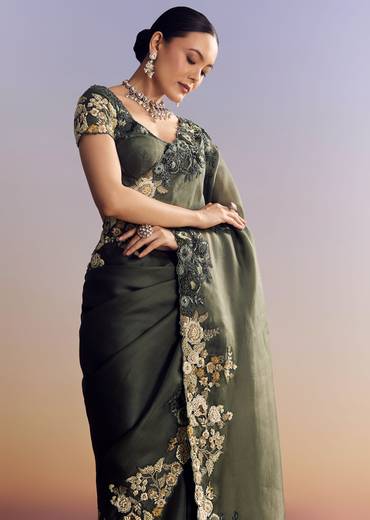 Olive Green Tissue Saree With Cutwork Border And Heavy Embroidery