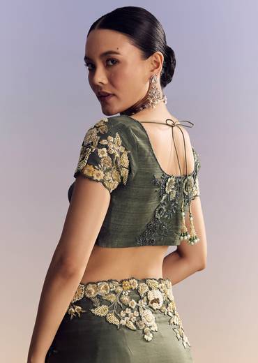 Olive Green Tissue Saree With Cutwork Border And Heavy Embroidery