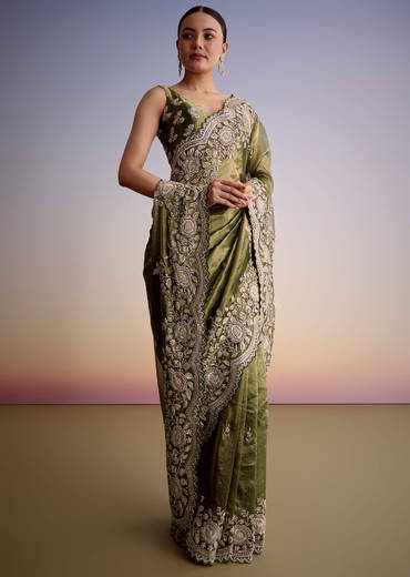 Olive Green Tissue Saree With Scallop Embroidered Border