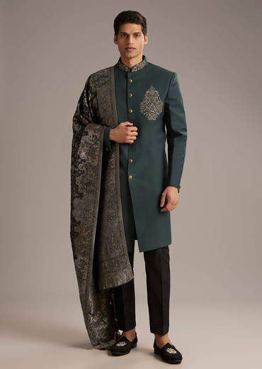 Olive Rayon Groomsman Sherwani With Intricate Hand Embroidery