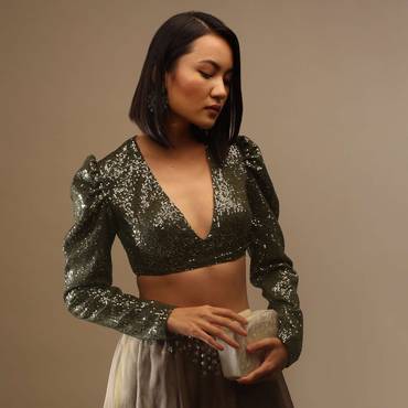 Olive Night Sequins Blouse With A V Neckline Full Sleeves And A Covered Back Neck