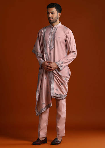 Onion Pink Kurta Set For Men With Thread Work